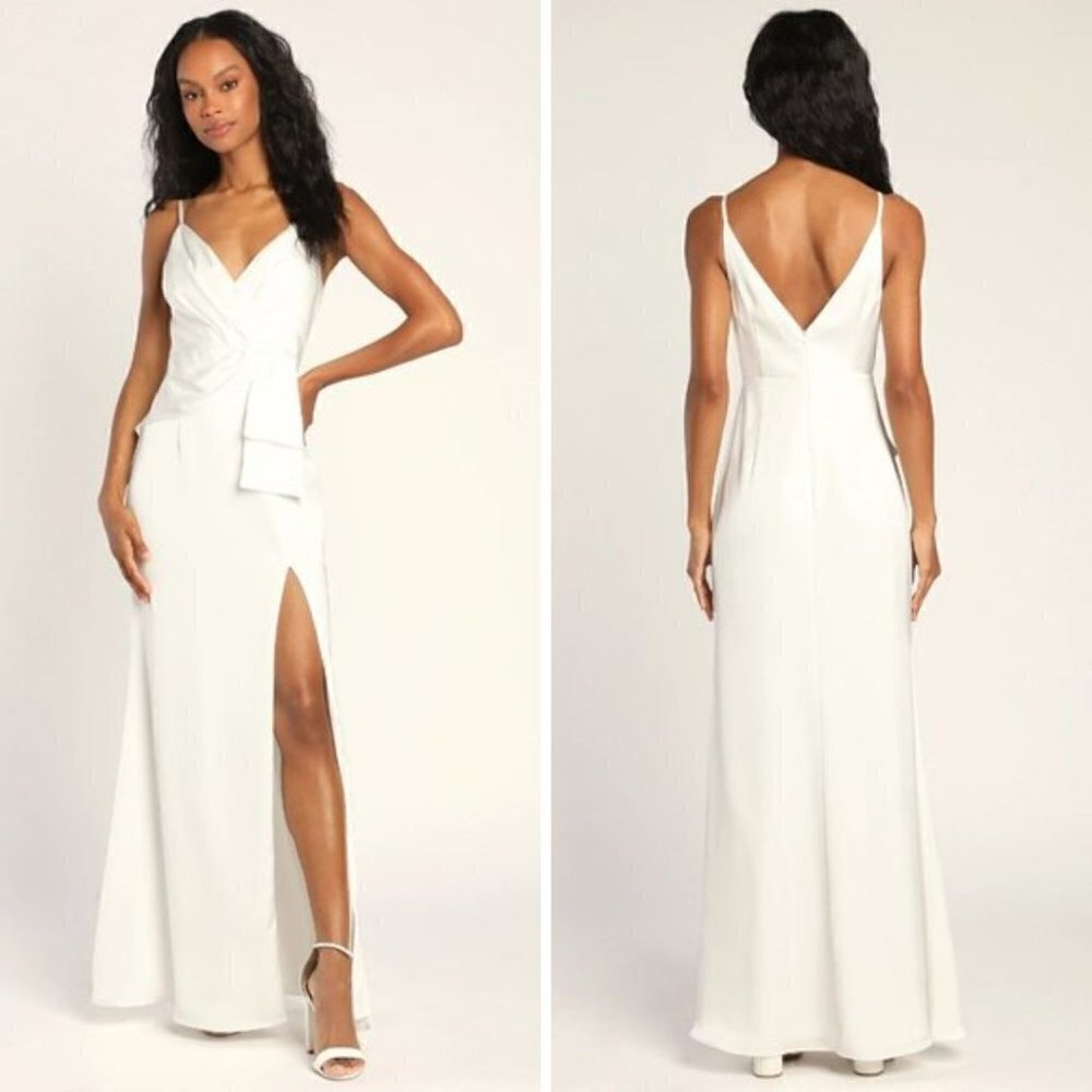 Lulu's First Dance Fit White Satin Sleeveless Mermaid Maxi Dress Size L NWT